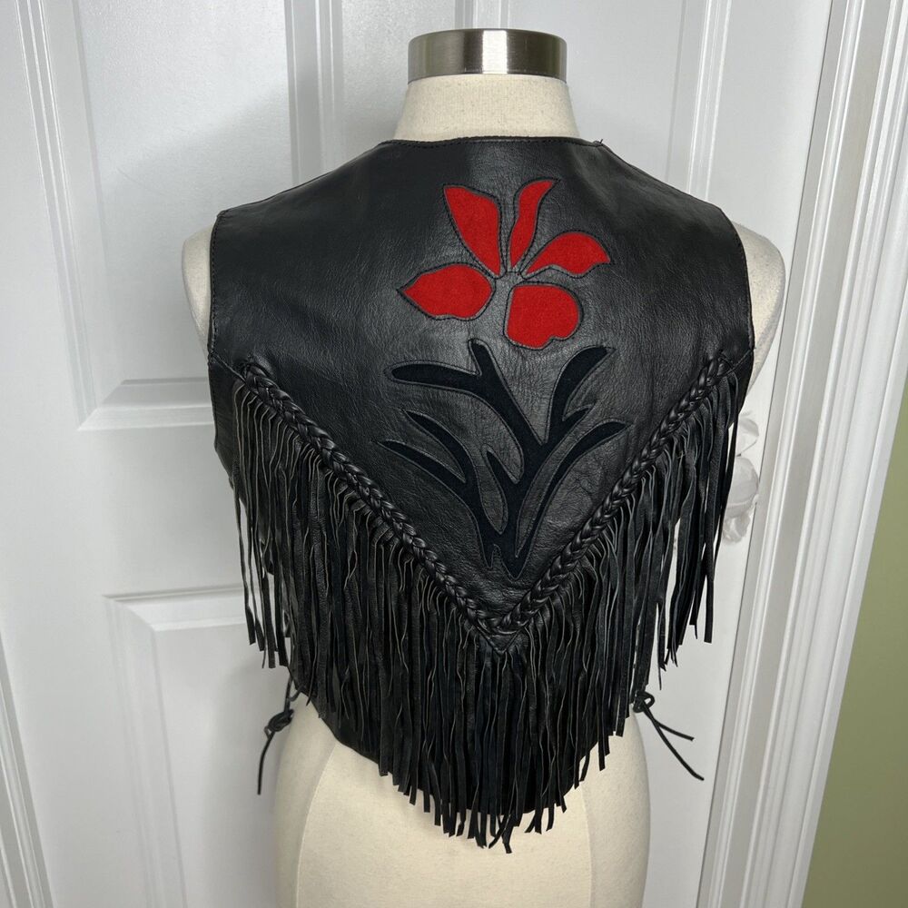Silver Bike Leather Motorcycle Vest Red Floral Fringe Jacket L Festival Read - Picture 9 of 16